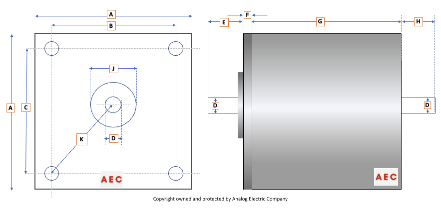 Servo-Step motor dimensional drawing — front and side view